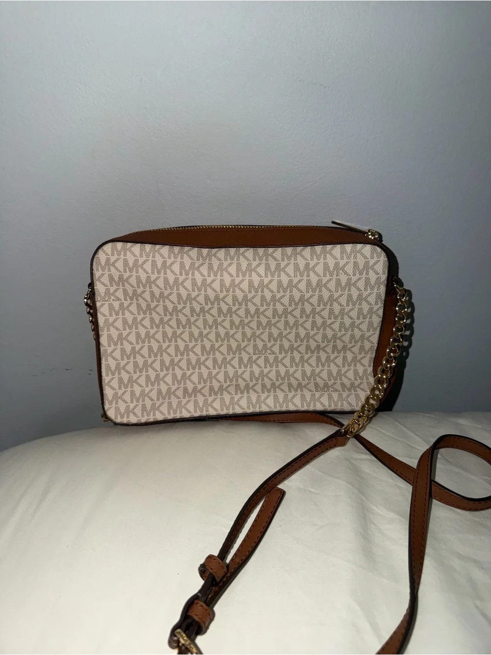 Michael Kors Beige & Brown Signature MK Monogram Crossbody Bag